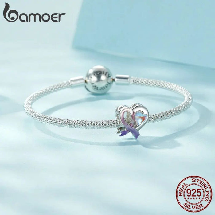 Womens 925 Sterling Silver Faith Heart Beads Purple Ribbon Charms Plated Platinum Fine Jewellery Bracelet Diy