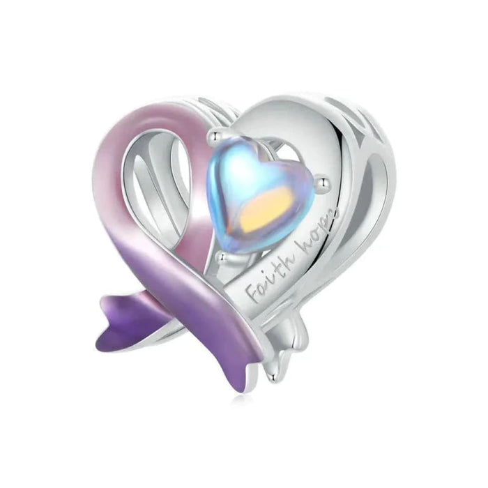 Womens 925 Sterling Silver Faith Heart Beads Purple Ribbon Charms Plated Platinum Fine Jewellery Bracelet Diy