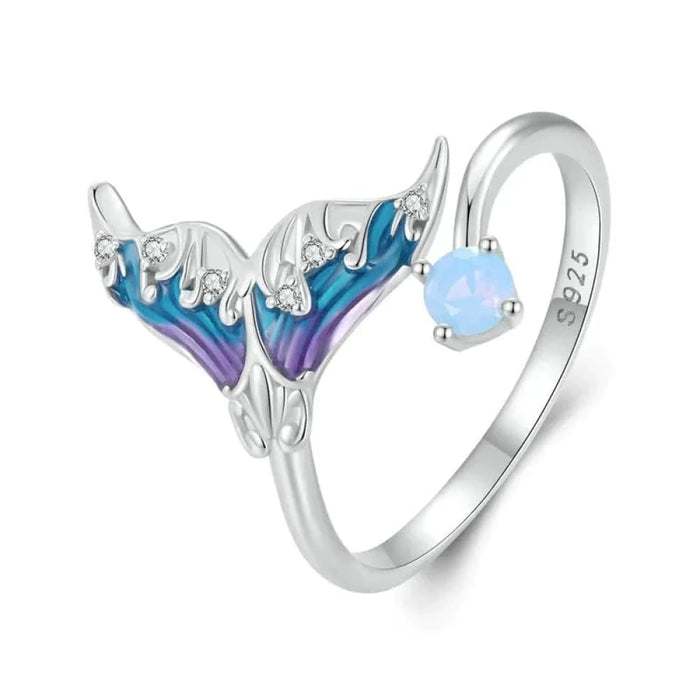Womens 925 Sterling Silver Fantasy Mermaid Tail Opening Ring Colourful Enamel Adjustable Ring Party Fine Jewellery