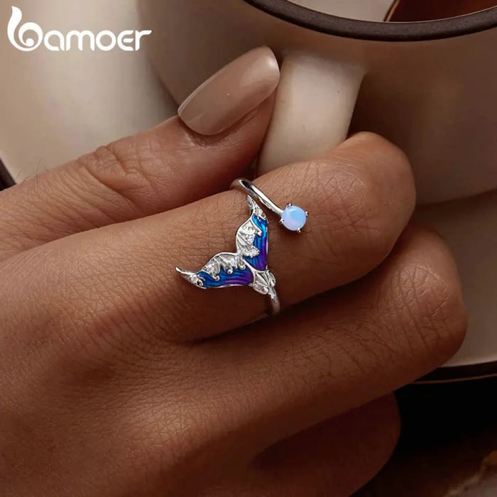 Womens 925 Sterling Silver Fantasy Mermaid Tail Opening Ring Colourful Enamel Adjustable Ring Party Fine Jewellery