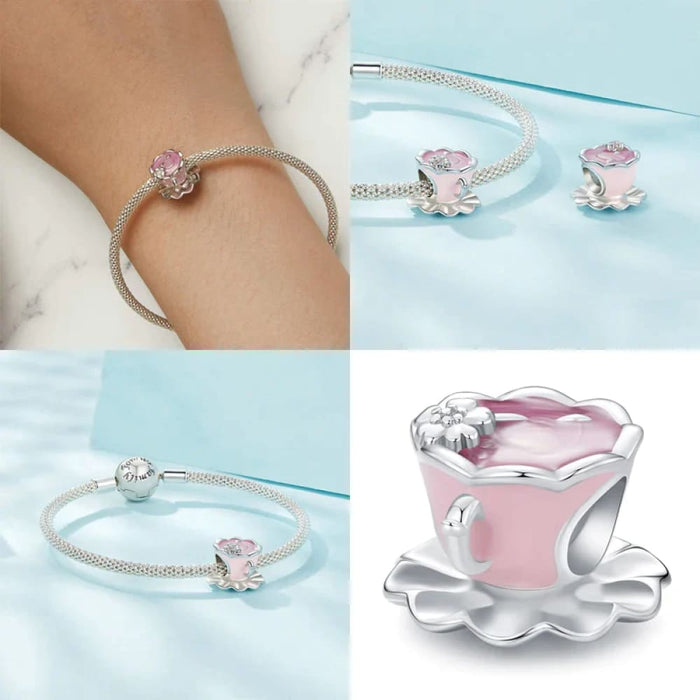 Womens 925 Sterling Silver Flower Teacup Charm Beads Charm Bracelet Cherry Blossom Tea Diy Jewellery Accessories Scc2563