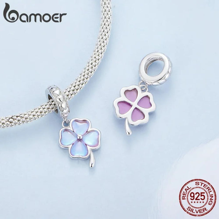 Womens 925 Sterling Silver Four-Leaf Clover Pendant Charms Purple Flower Beads Bracelet Diy Finr Jewellery