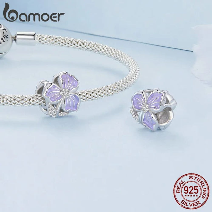 Womens 925 Sterling Silver Four-Leaf Clover Pendant Charms Purple Flower Beads Bracelet Diy Finr Jewellery