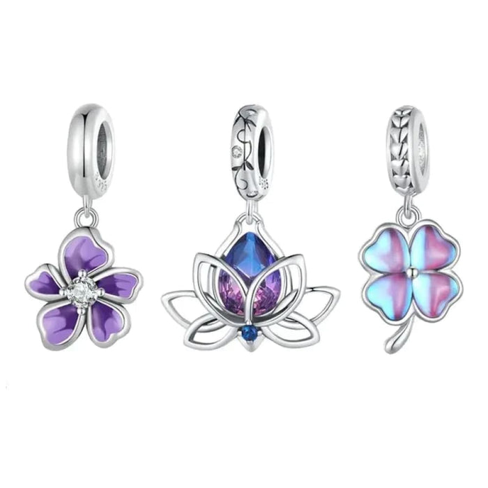 Womens 925 Sterling Silver Four-Leaf Clover Pendant Charms Purple Flower Beads Bracelet Diy Finr Jewellery