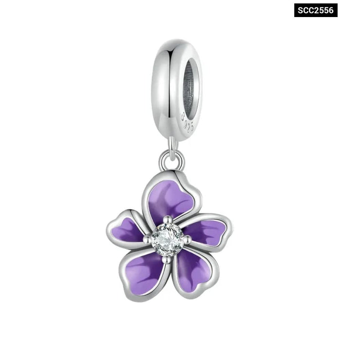 Womens 925 Sterling Silver Four-Leaf Clover Pendant Charms Purple Flower Beads Bracelet Diy Finr Jewellery