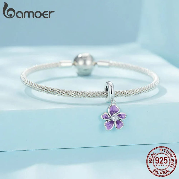 Womens 925 Sterling Silver Four-Leaf Clover Pendant Charms Purple Flower Beads Bracelet Diy Finr Jewellery