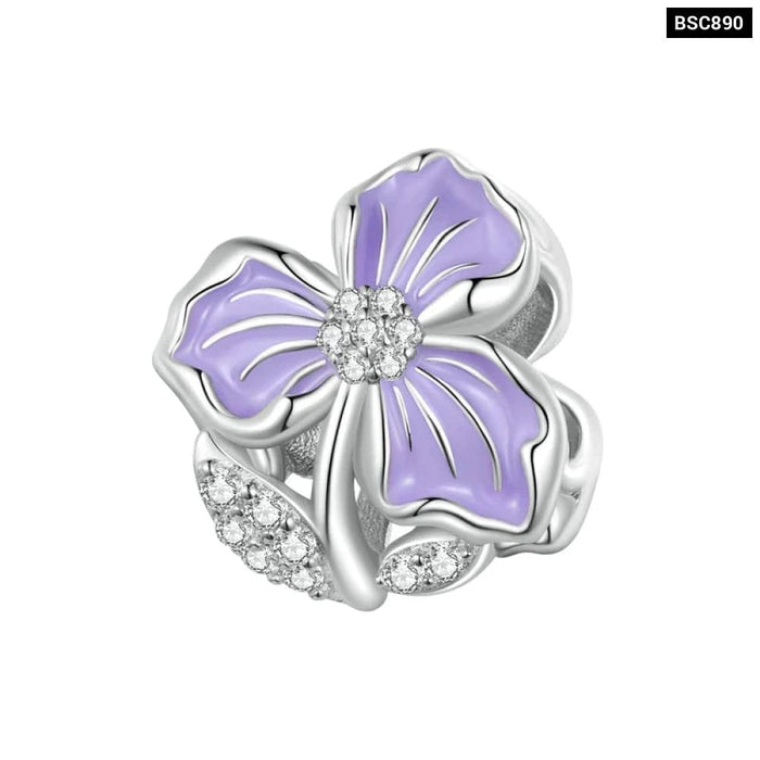 Womens 925 Sterling Silver Four-Leaf Clover Pendant Charms Purple Flower Beads Bracelet Diy Finr Jewellery