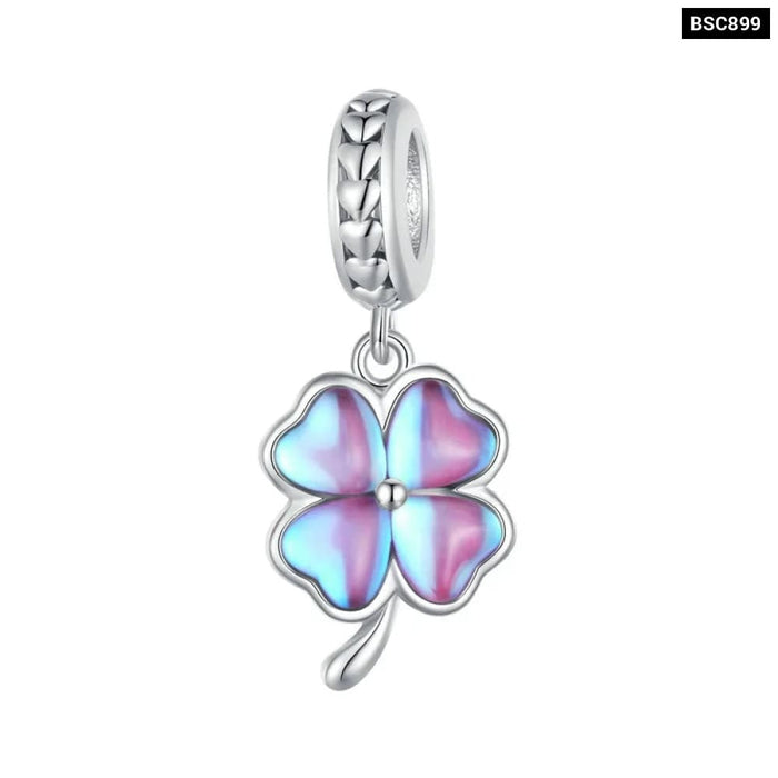 Womens 925 Sterling Silver Four-Leaf Clover Pendant Charms Purple Flower Beads Bracelet Diy Finr Jewellery