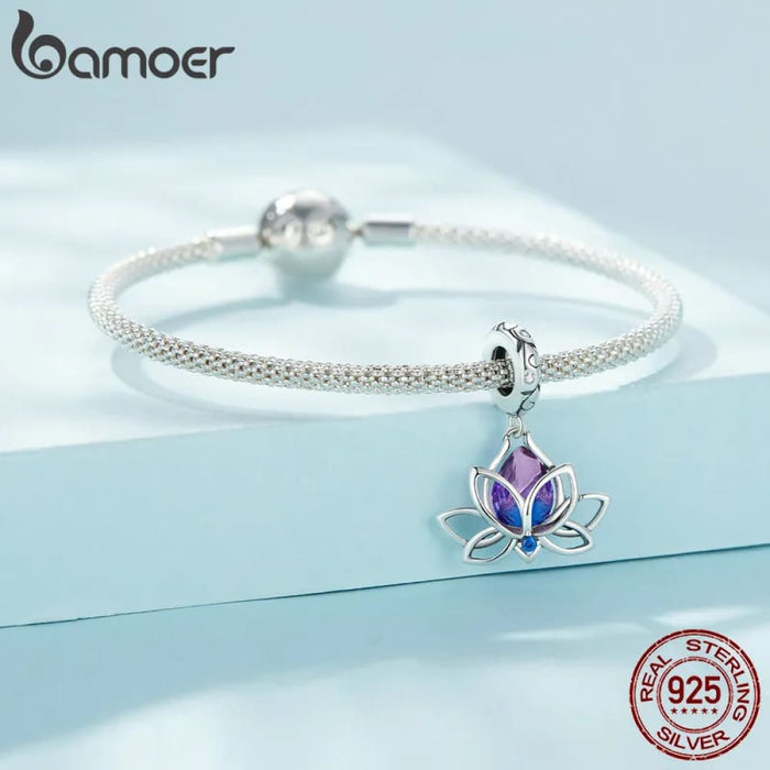 Womens 925 Sterling Silver Four-Leaf Clover Pendant Charms Purple Flower Beads Bracelet Diy Finr Jewellery