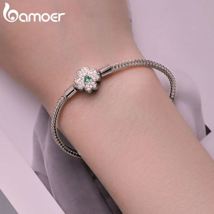 Womens 925 Sterling Silver Four-Leaf Clover Snake Basic Bracelet Pave Setting Cz Beads And Charms Diy Fine Jewellery