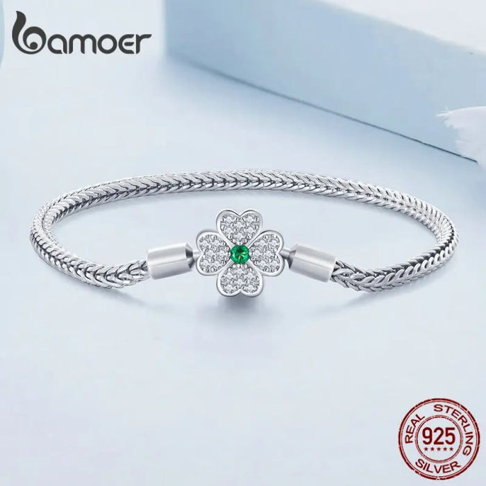 Womens 925 Sterling Silver Four-Leaf Clover Snake Basic Bracelet Pave Setting Cz Beads And Charms Diy Fine Jewellery