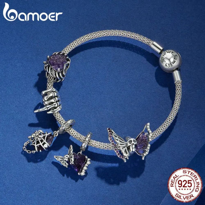 Womens 925 Sterling Silver Halloween Series Skeleton Beads Butterfly Skull Charms Bracelet & Bangle Diy Fine Jewellery