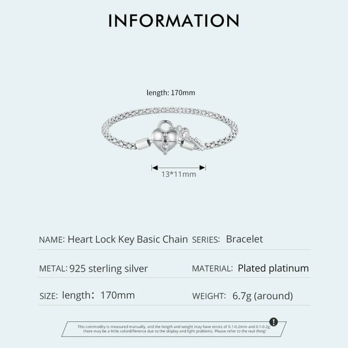 Womens 925 Sterling Silver Heart Lock And Key Buckles Basic Chain Bracelet Platinum Plated Valentine'S Day Gift Scb259