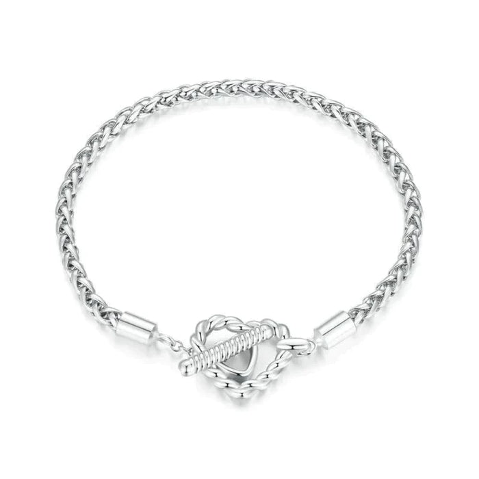 Womens 925 Sterling Silver Heart-Shaped Buckle Basic Bracelet Punk Style Braided Silver Chain Link Anniversary Gift