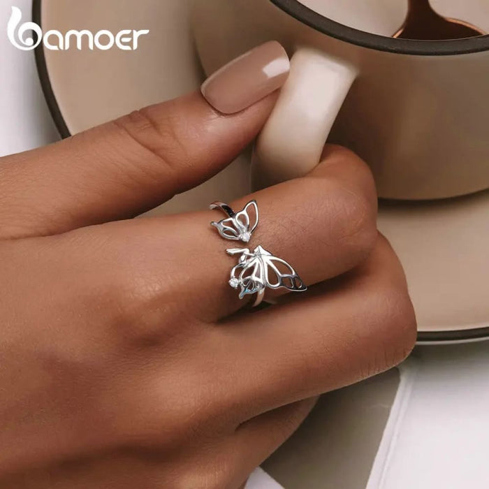 Womens 925 Sterling Silver Hollow-Out Delicate Butterfly Opening Ring Elf Adjustable Ring Fine Jewellery
