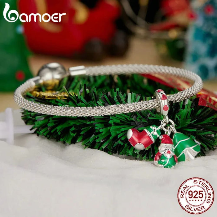 Womens 925 Sterling Silver Luminous Santa Claus Charm Christmas Tree Beads Bracelet & Bangle Diy Christmas Gift