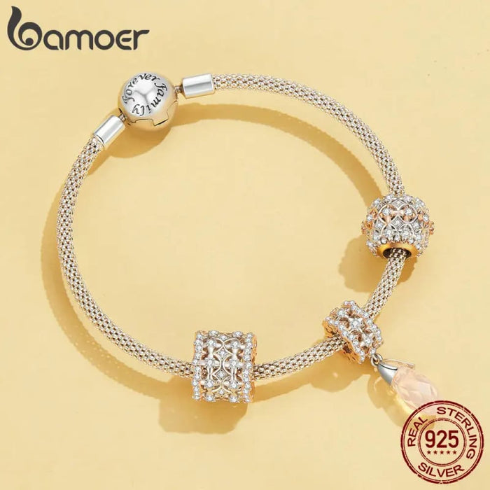 Womens 925 Sterling Silver Luxury Zircon Hollowed-Out Heart Charm Rose Gold Plated Autumn Bead Bracelet And Bangle Diy