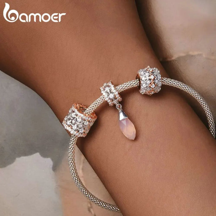 Womens 925 Sterling Silver Luxury Zircon Hollowed-Out Heart Charm Rose Gold Plated Autumn Bead Bracelet And Bangle Diy