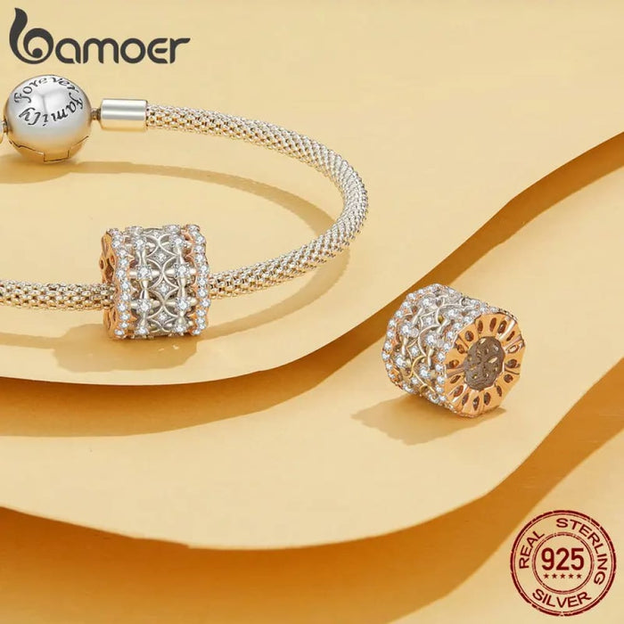 Womens 925 Sterling Silver Luxury Zircon Hollowed-Out Heart Charm Rose Gold Plated Autumn Bead Bracelet And Bangle Diy