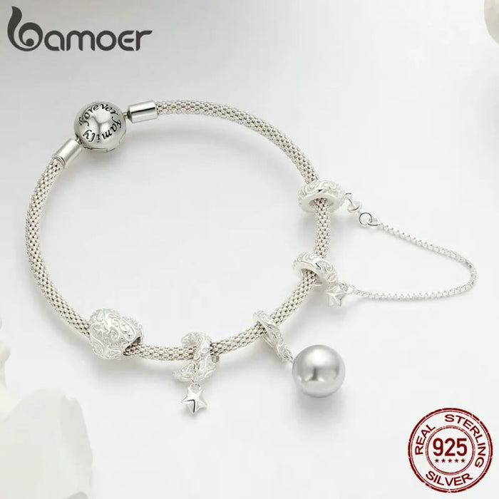 Womens 925 Sterling Silver Moon And Star Bead Quality Shell Pearl Pendant Charm Bracelet And Necklace Diy Fine Jewellery