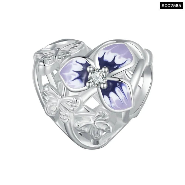 Womens 925 Sterling Silver Pansy Pendant Charms Heart