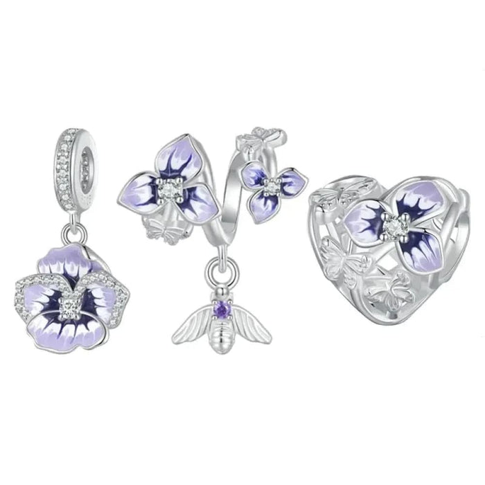 Womens 925 Sterling Silver Pansy Pendant Charms Heart