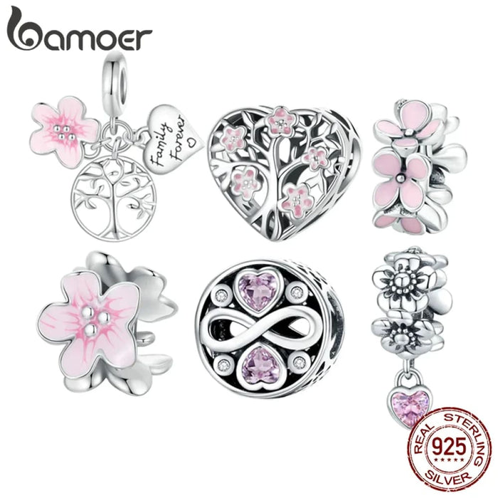 Womens 925 Sterling Silver Pink Flower Spacer Beads Tree