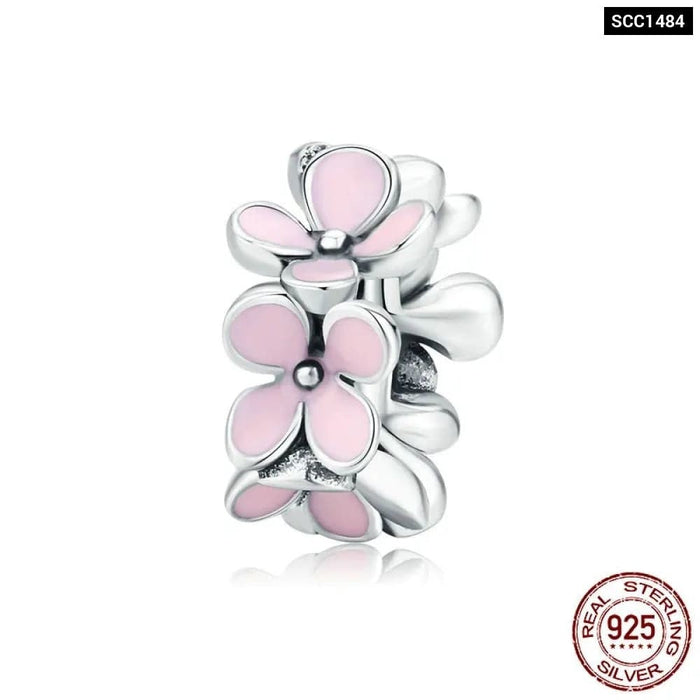 Womens 925 Sterling Silver Pink Flower Spacer Beads Tree