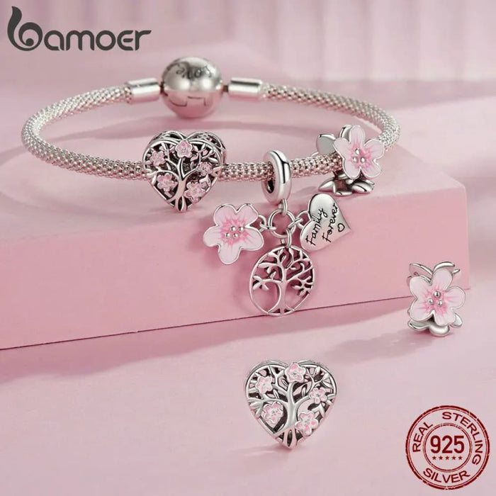 Womens 925 Sterling Silver Pink Flower Spacer Beads Tree