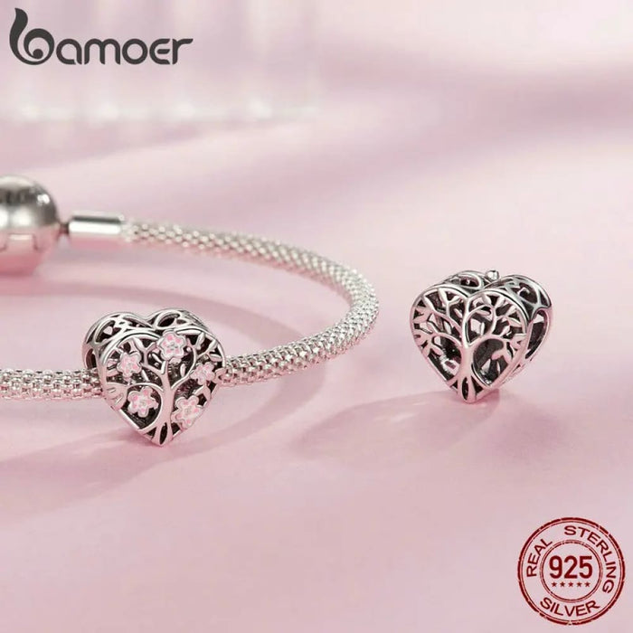 Womens 925 Sterling Silver Pink Flower Spacer Beads Tree