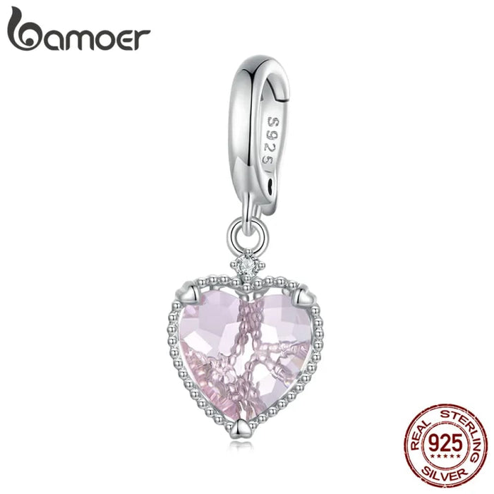 Womens 925 Sterling Silver Pink Heart Hanging Beads