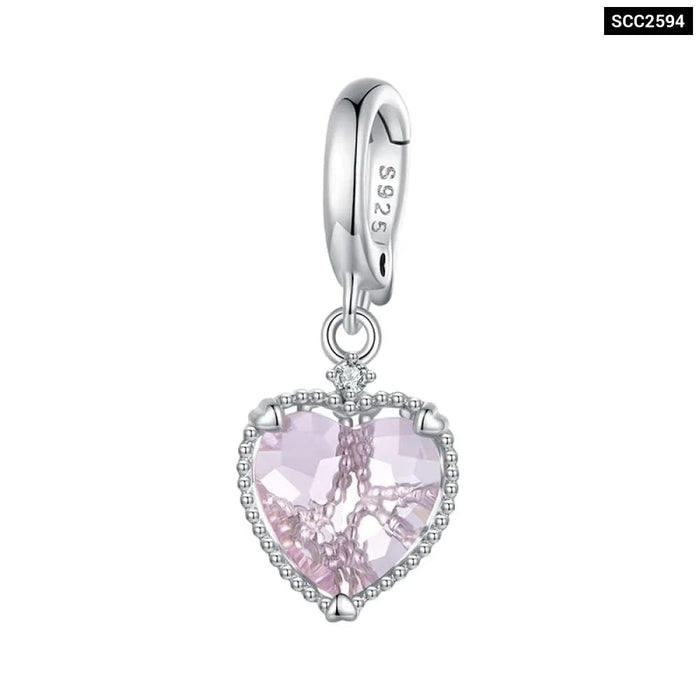 Womens 925 Sterling Silver Pink Heart Hanging Beads