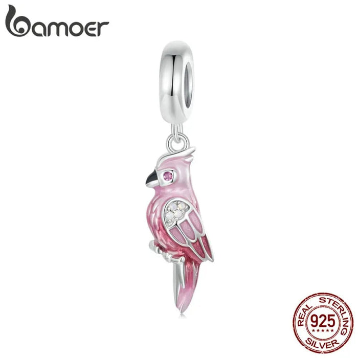 Womens 925 Sterling Silver Pink Parrot Pendant Charms Cute Bird Beads Original Bracelet And Necklace Diy Accessories