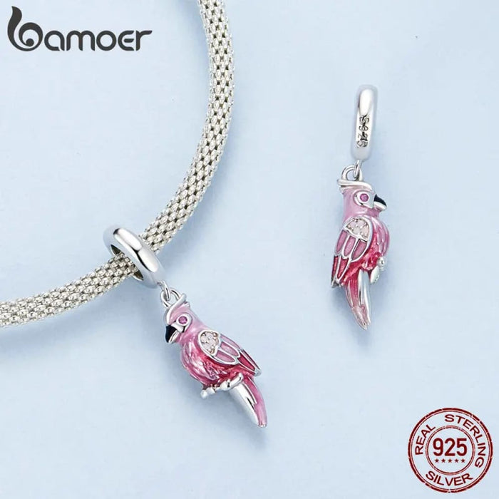 Womens 925 Sterling Silver Pink Parrot Pendant Charms Cute Bird Beads Original Bracelet And Necklace Diy Accessories