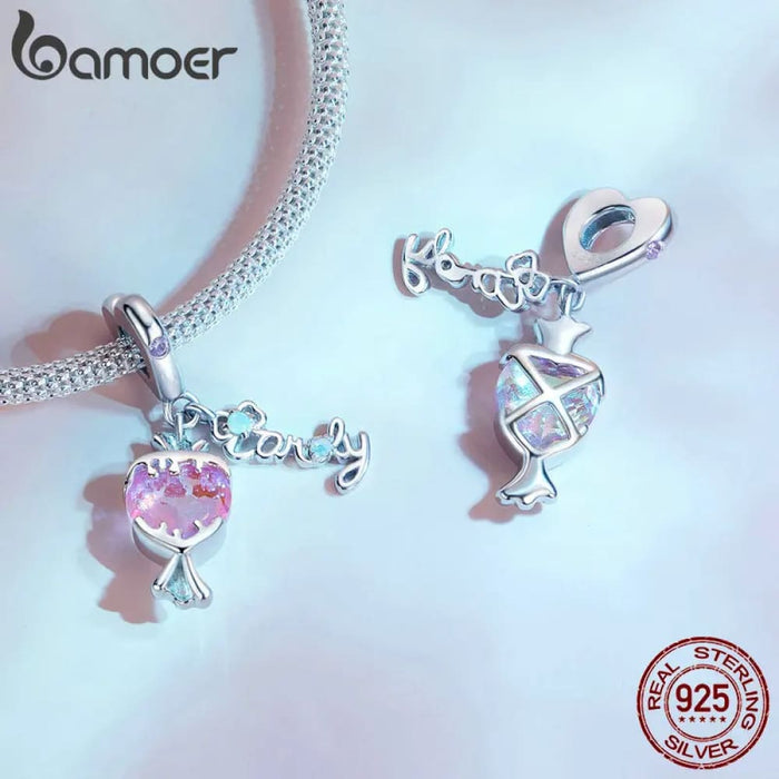 Womens 925 Sterling Silver Pink Star Bear Charms Couple Hearts Beads Bracelet & Bangle Diy Fine Jewellery