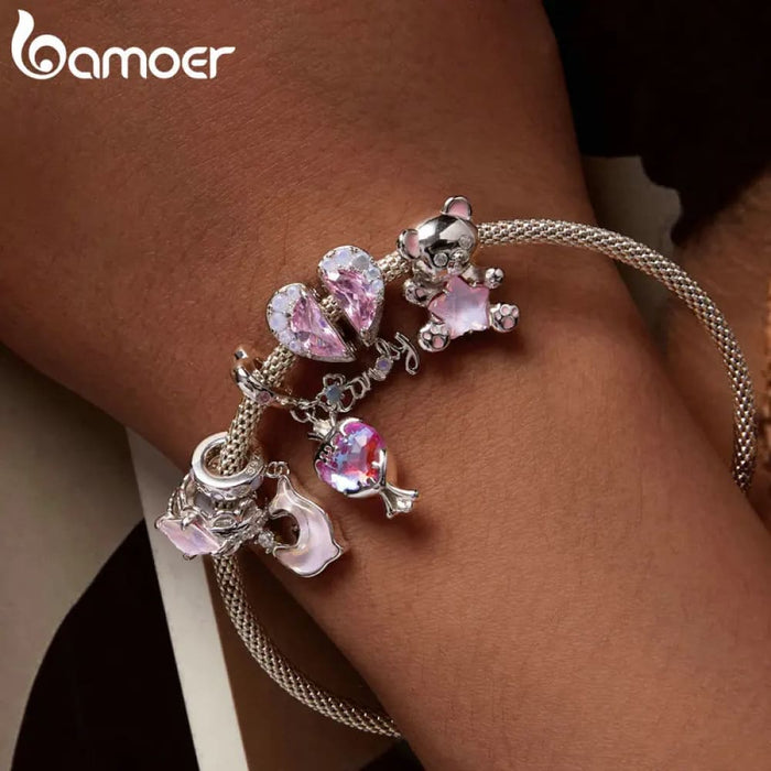 Womens 925 Sterling Silver Pink Star Bear Charms Couple Hearts Beads Bracelet & Bangle Diy Fine Jewellery