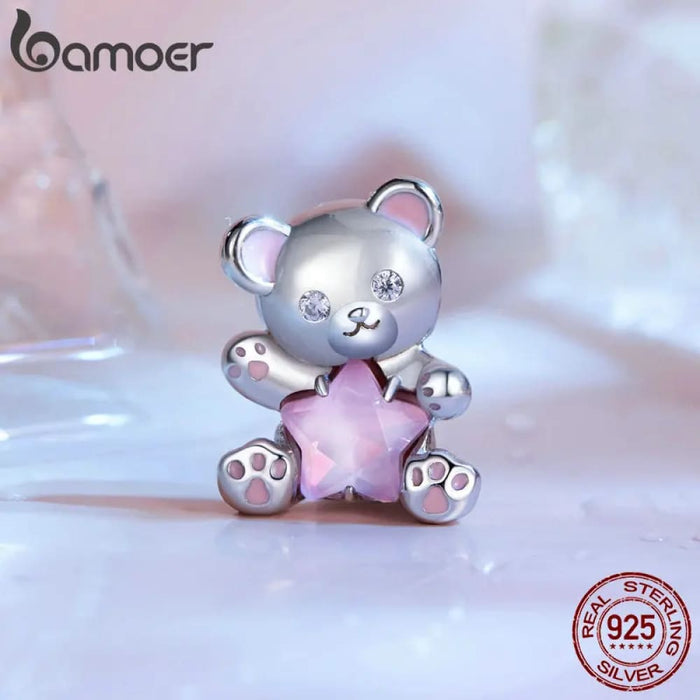 Womens 925 Sterling Silver Pink Star Bear Charms Couple Hearts Beads Bracelet & Bangle Diy Fine Jewellery