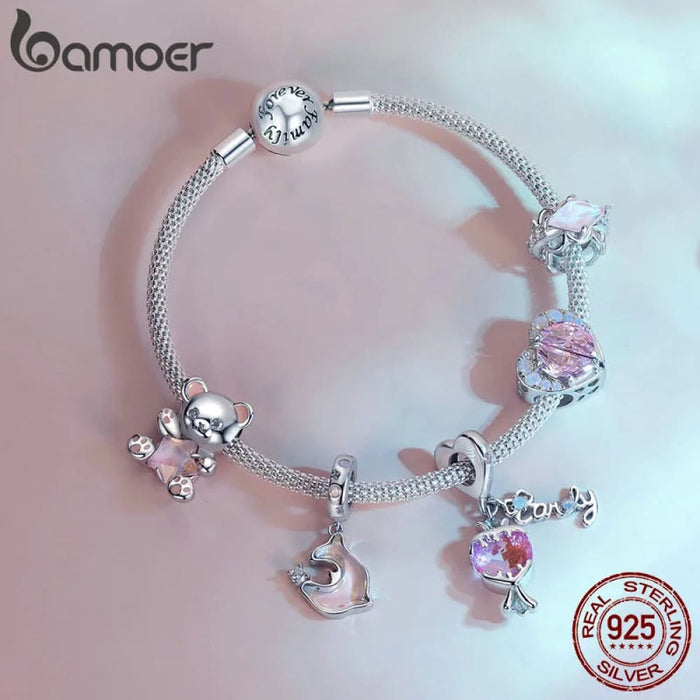 Womens 925 Sterling Silver Pink Star Bear Charms Couple Hearts Beads Bracelet & Bangle Diy Fine Jewellery