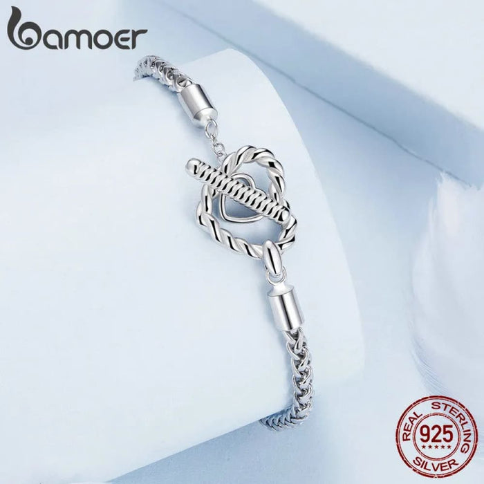 Womens 925 Sterling Silver Punk Style Braided Silver Chain Link Heart-Shaped Buckle Basic Bracelet Pave Setting Cz
