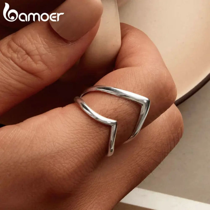 Womens 925 Sterling Silver Punk Style V-Shaped Opening Ring Double-Layer Adjustable Ring Simple Fine Jewellery Scr981-E