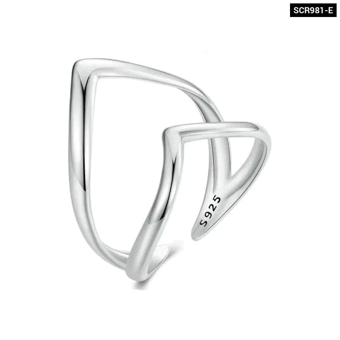 Womens 925 Sterling Silver Punk Style V-Shaped Opening Ring Double-Layer Adjustable Ring Simple Fine Jewellery Scr981-E