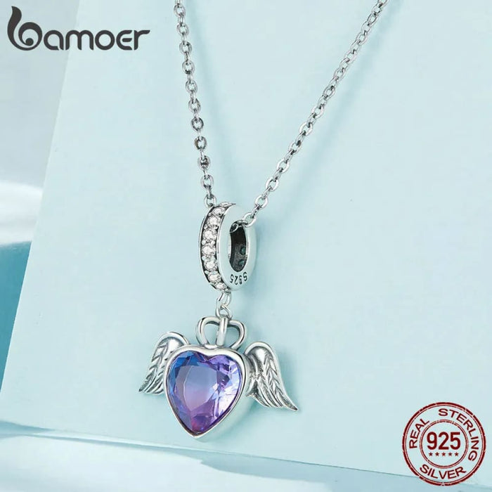 Womens 925 Sterling Silver Purple Heart Hanging Beads Guard Wings Pendant Charms Bracelet Necklace Diy Scc2587