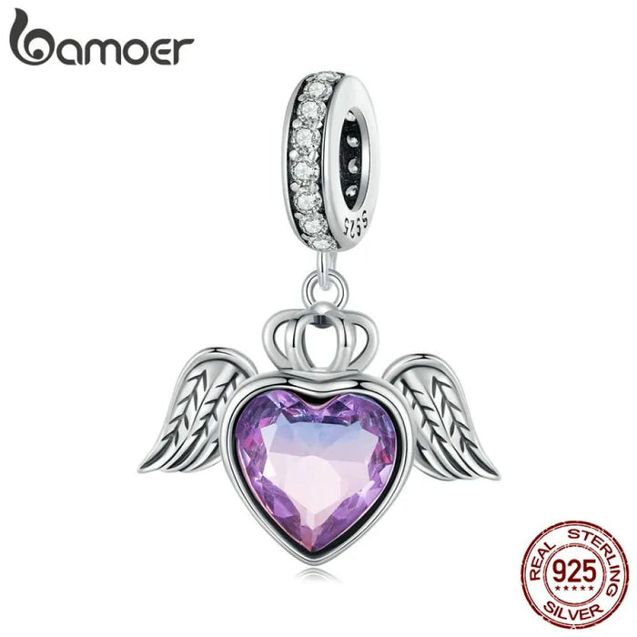 Womens 925 Sterling Silver Purple Heart Hanging Beads Guard Wings Pendant Charms Bracelet Necklace Diy Scc2587