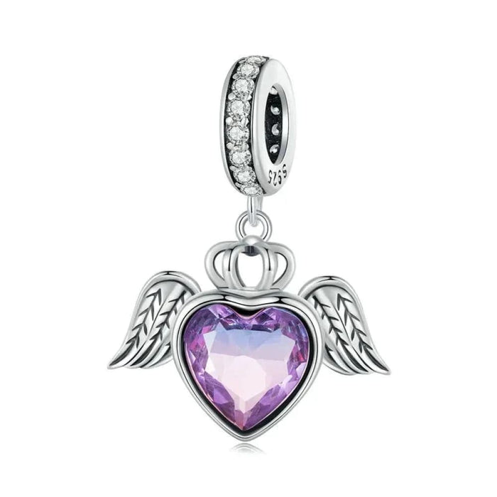 Womens 925 Sterling Silver Purple Heart Hanging Beads Guard Wings Pendant Charms Bracelet Necklace Diy Scc2587