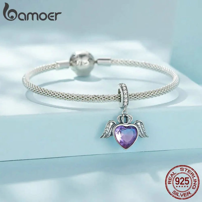 Womens 925 Sterling Silver Purple Heart Hanging Beads Guard Wings Pendant Charms Bracelet Necklace Diy Scc2587