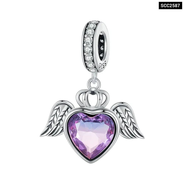 Womens 925 Sterling Silver Purple Heart Hanging Beads Guard Wings Pendant Charms Bracelet Necklace Diy Scc2587