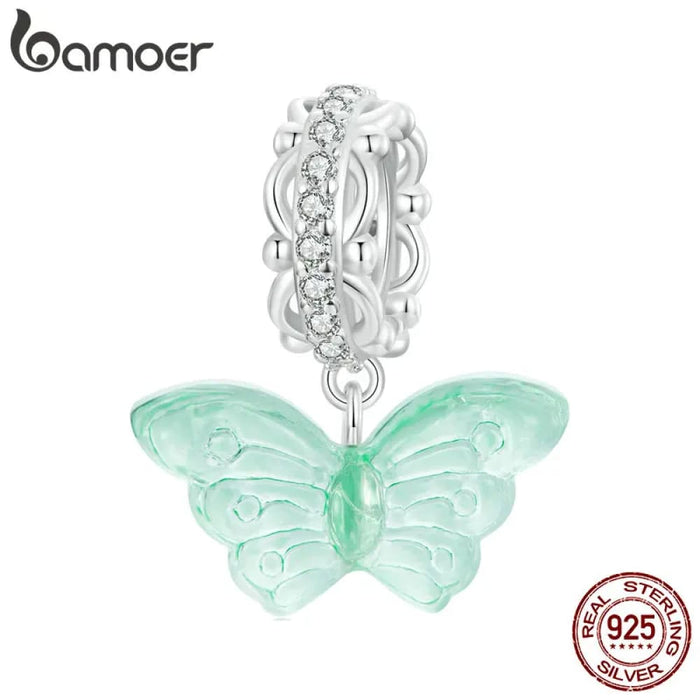 Womens 925 Sterling Silver Romantic Mint Green Butterfly Pendant Charms Bracelet & Necklace Diy Fine Jewellery Gift