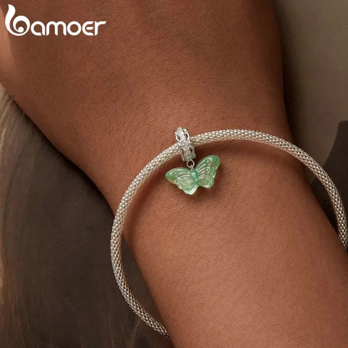 Womens 925 Sterling Silver Romantic Mint Green Butterfly Pendant Charms Bracelet & Necklace Diy Fine Jewellery Gift