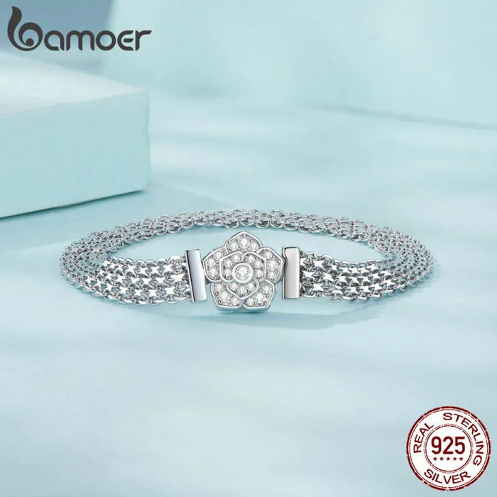 Womens 925 Sterling Silver Rose Basic Bracelet Hollow-Out Wide Band Chain Platinum Plated Valentine'S Day Gift Scb265