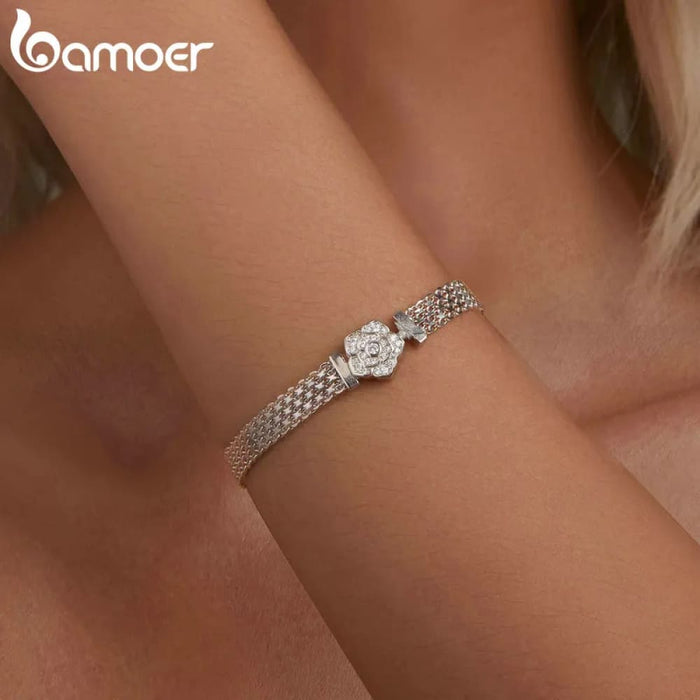 Womens 925 Sterling Silver Rose Basic Bracelet Hollow-Out Wide Band Chain Platinum Plated Valentine'S Day Gift Scb265